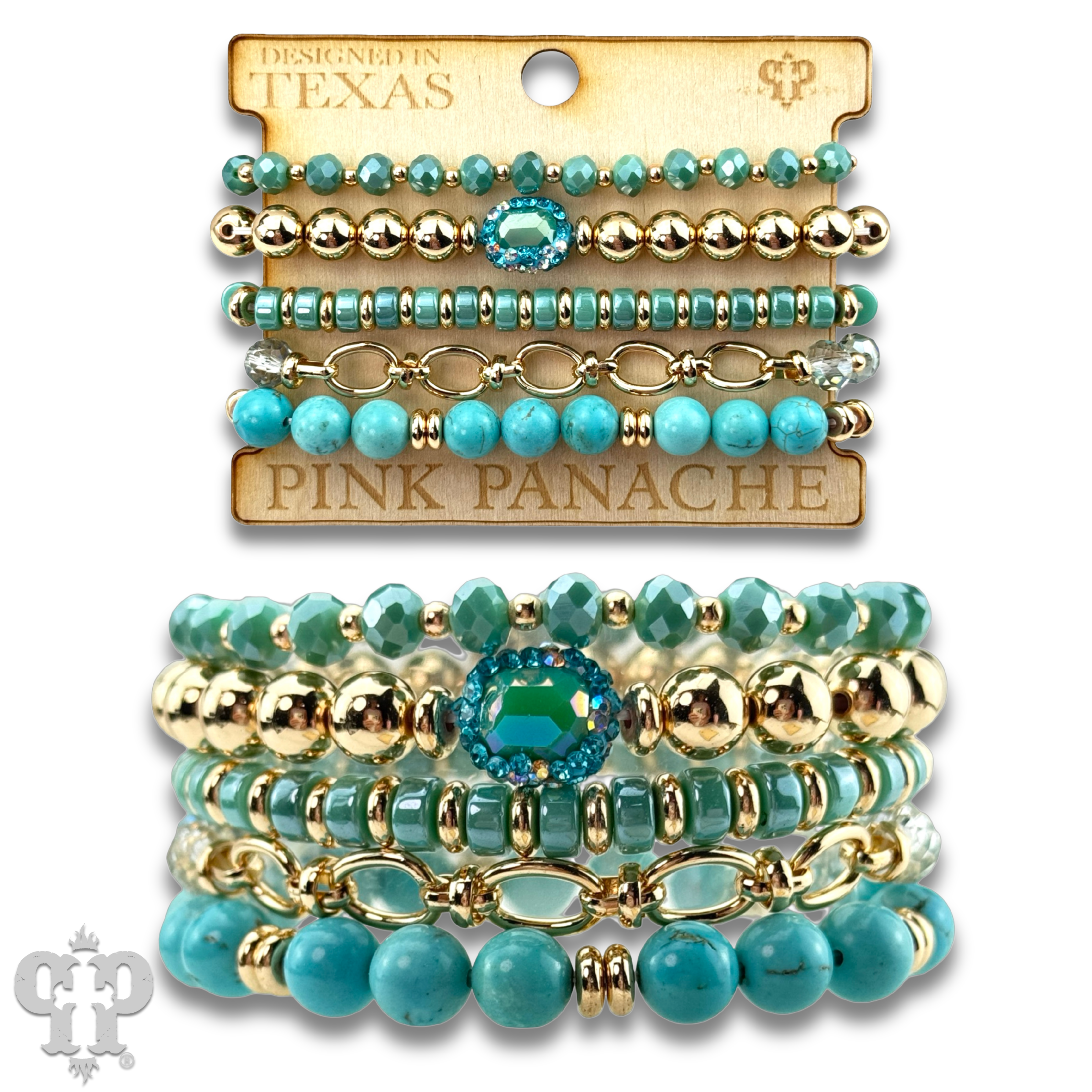 Set of turquoise and gold beaded bracelets on a Pink Panache card.
