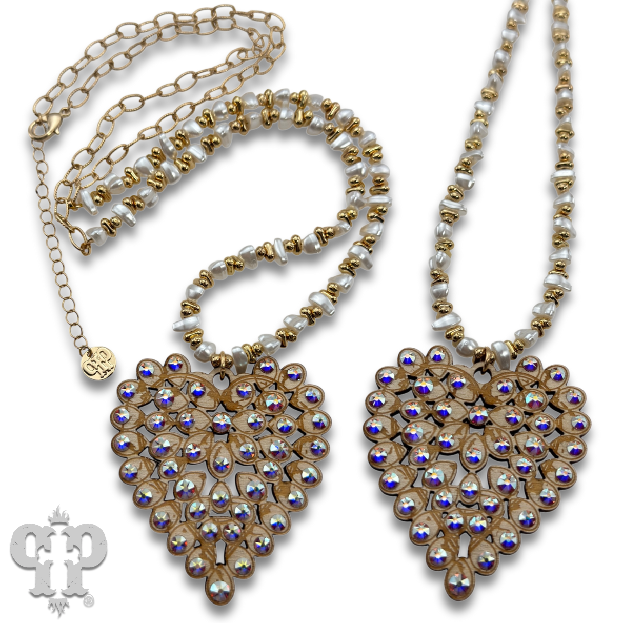 Laser cut rhinestone heart necklace: White