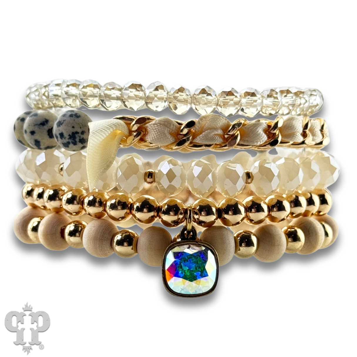 Mixed bead bracelet with Austrian crystal: Gold