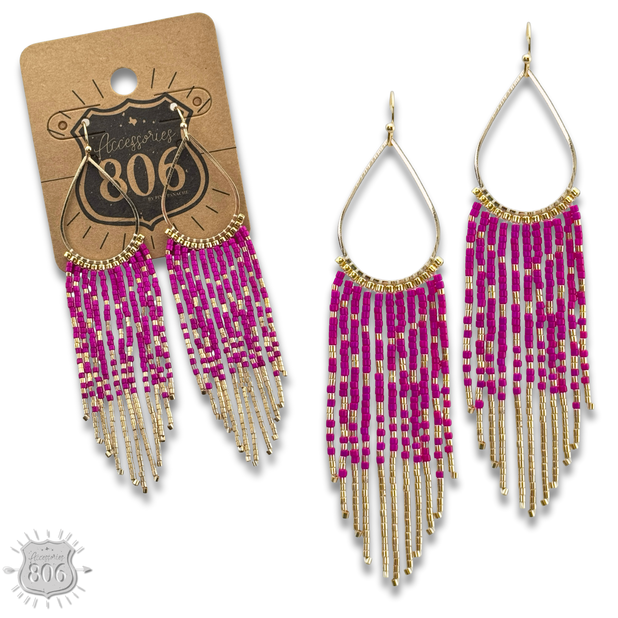 Seed bead fringe earring - Fuchsia