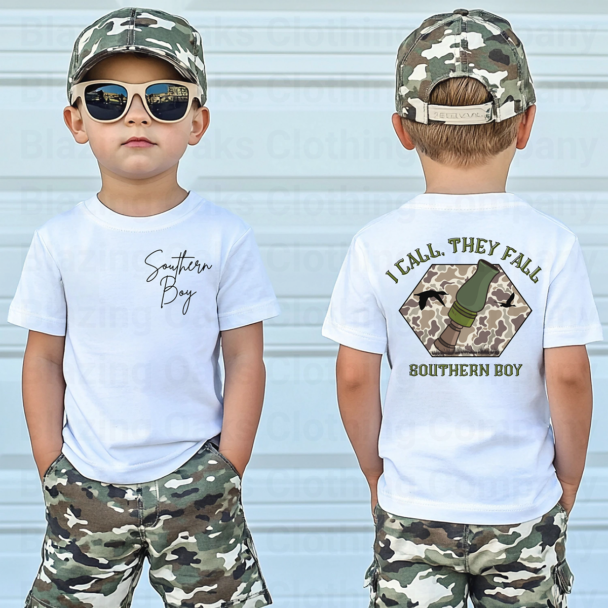 Two children wearing camouflage outfits with white t-shirts featuring text and graphics.