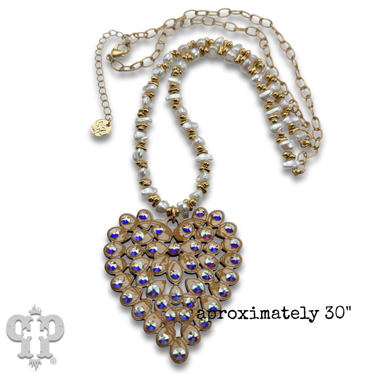 Laser cut rhinestone heart necklace: White
