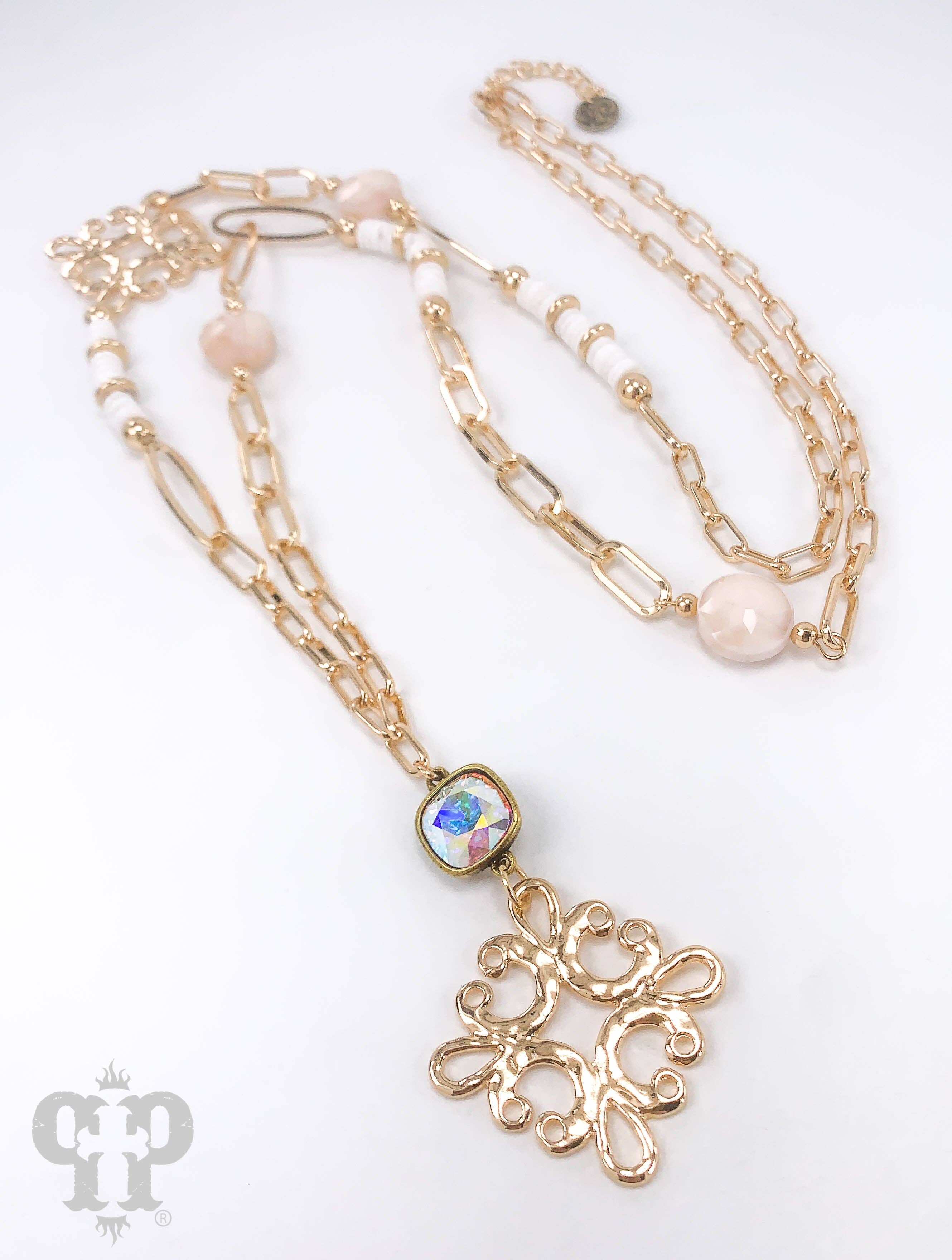 Scroll cross and bead necklace with Austrian crystal