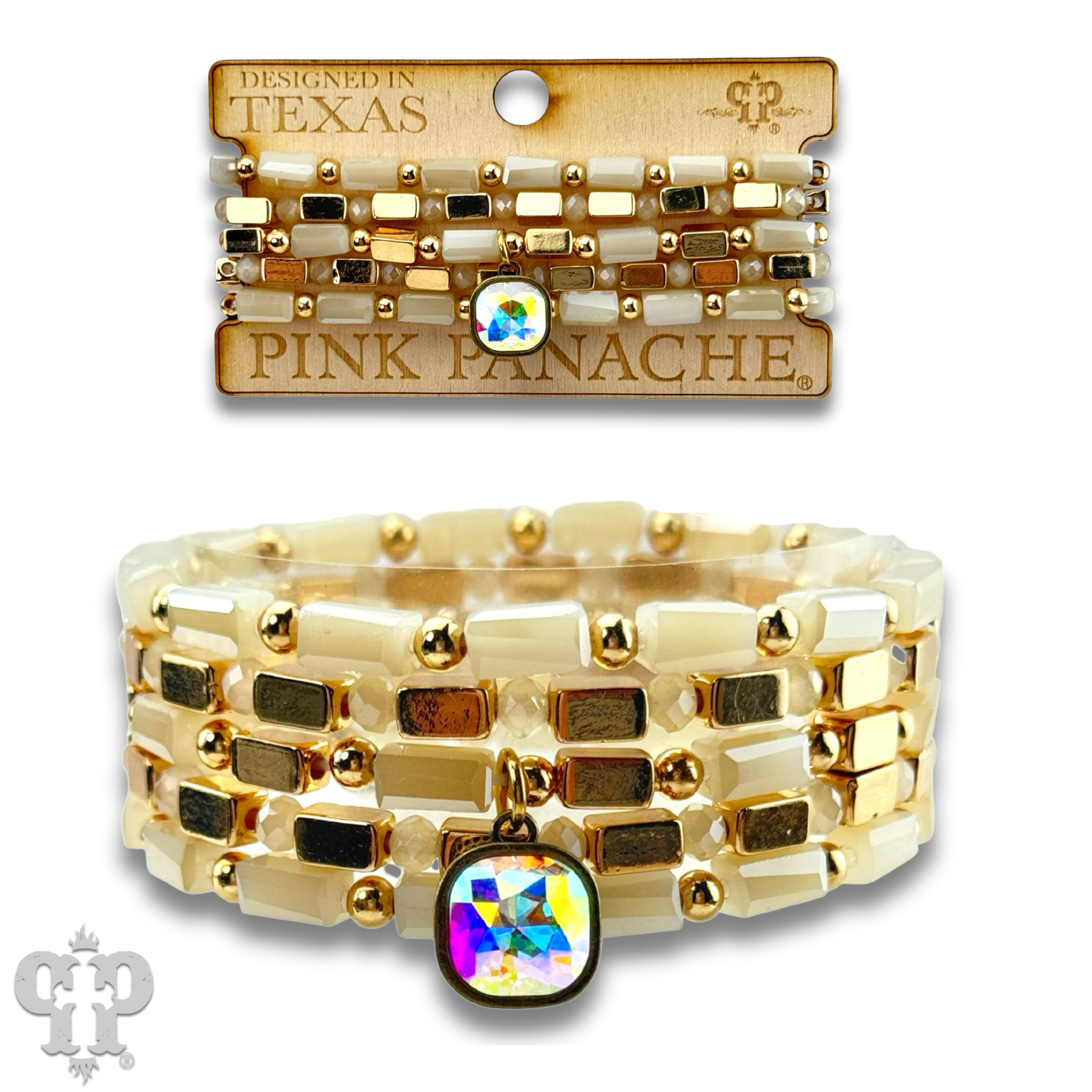 Five strand rectangle bead bracelet with Austrian crystal: White