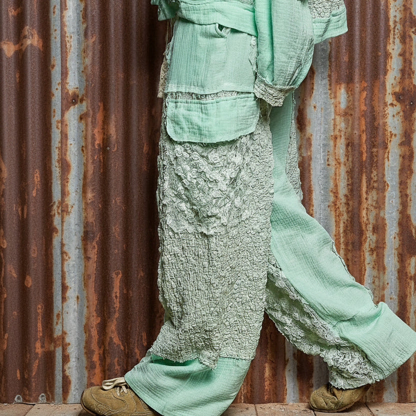 Light green traditional outfit with intricate patterns on a textured surface