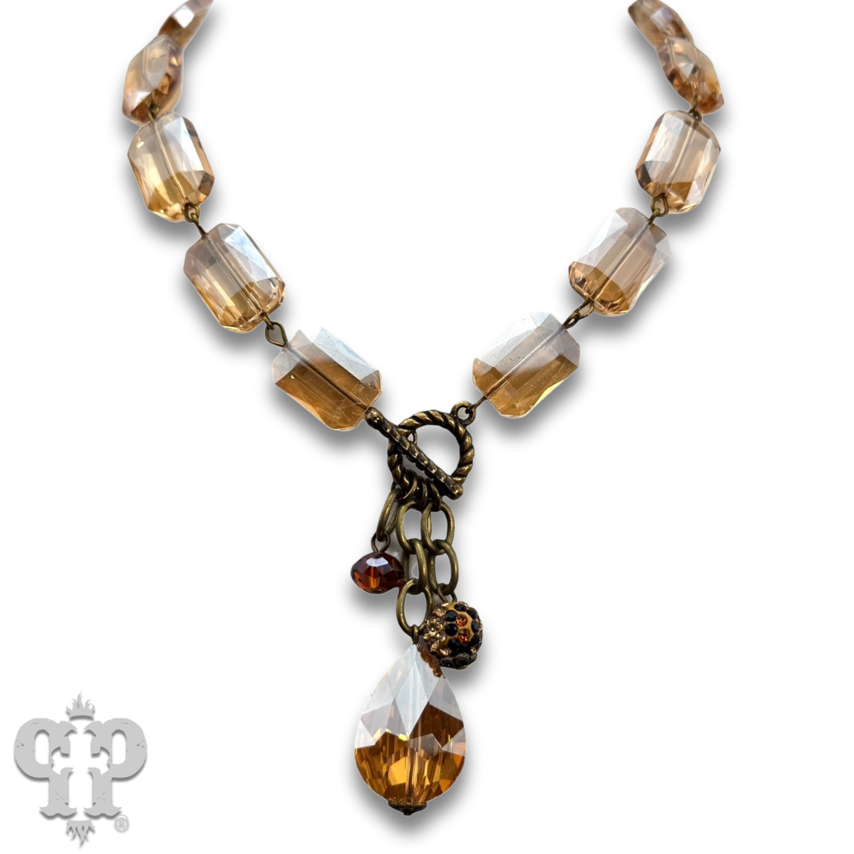 Linked rectangle glass bead necklace with bead charms: Gold