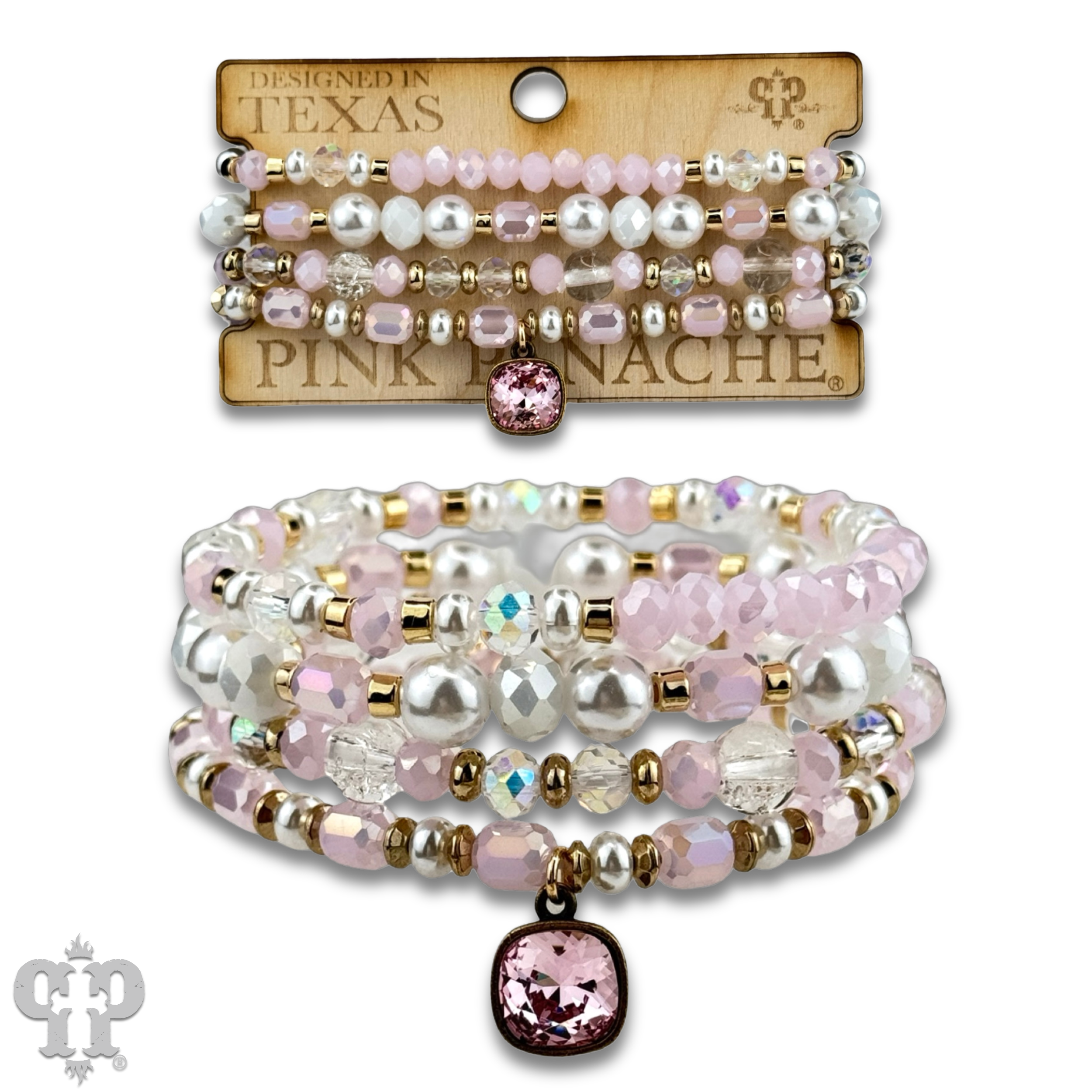 Set of beaded bracelets with pink and gold accents on a 'Pink Panache' branded card.