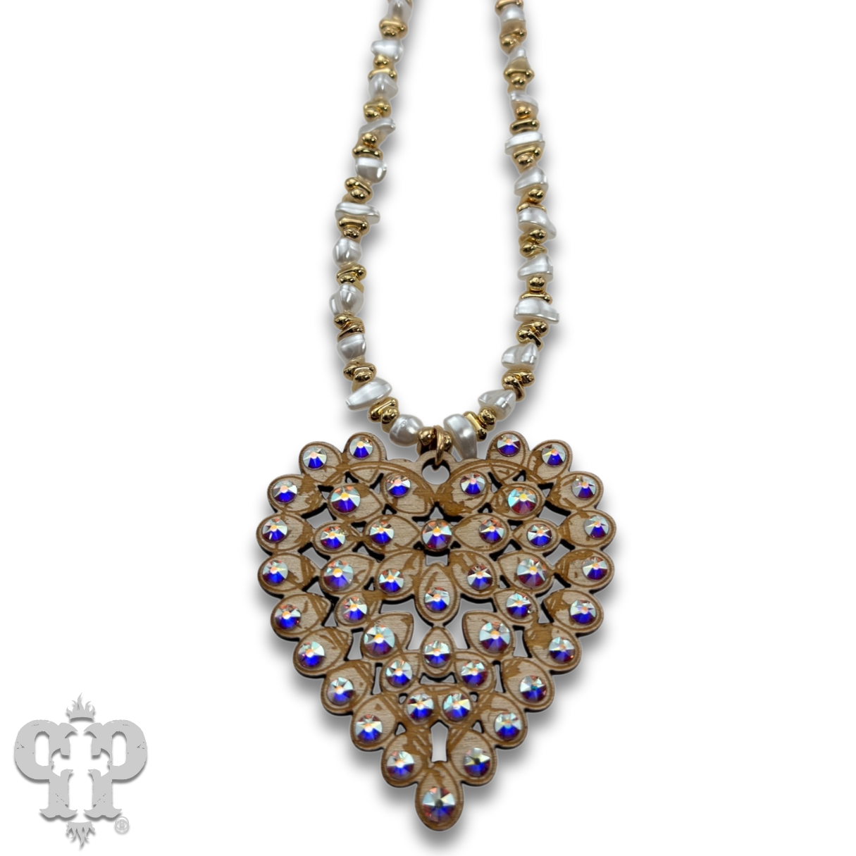 Laser cut rhinestone heart necklace: White