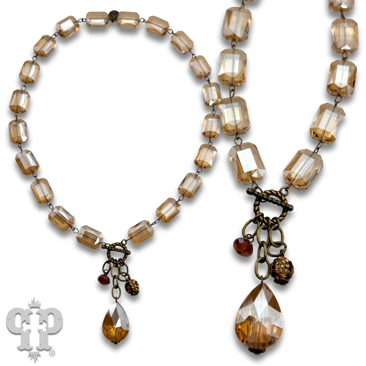 Linked rectangle glass bead necklace with bead charms: Gold