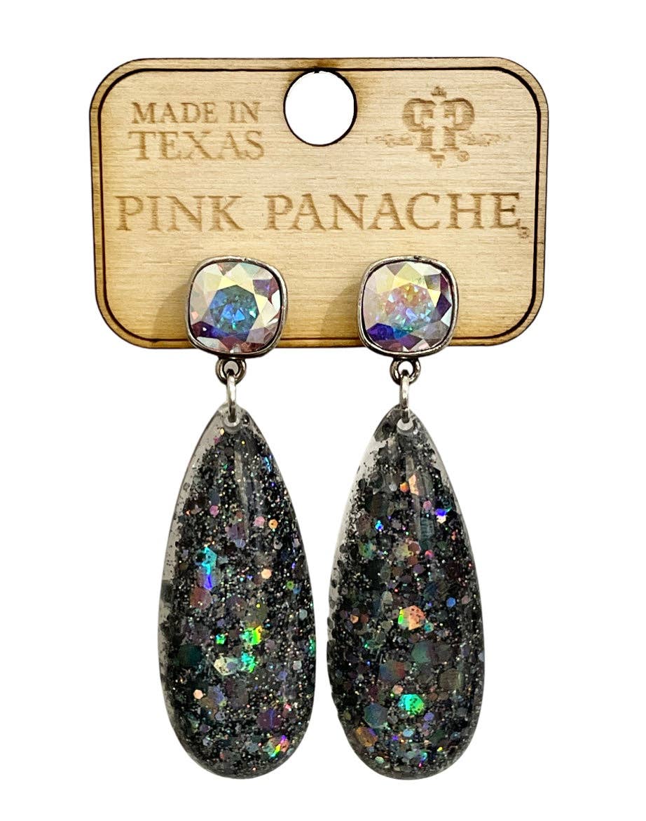 Glitter acrylic teardrop earring with Austrian crystal - Black