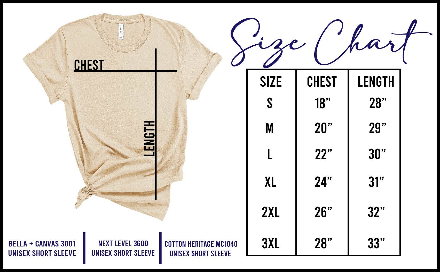 Beige t-shirt with size chart on a white background