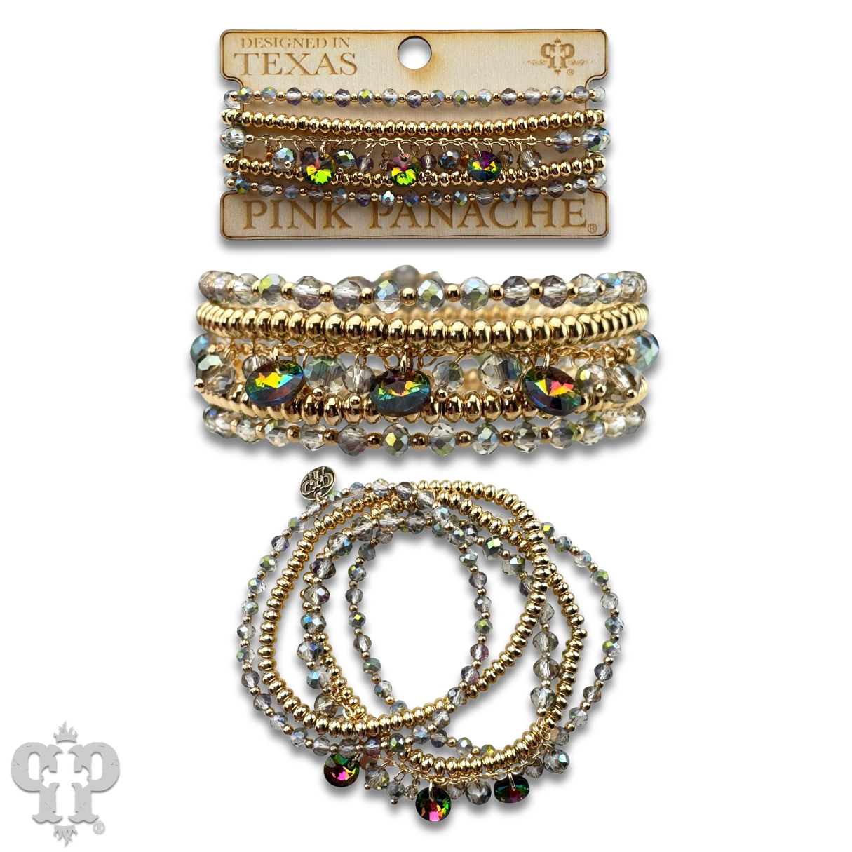 Set of beaded bracelets with 'Pink Panache' branding on a white background