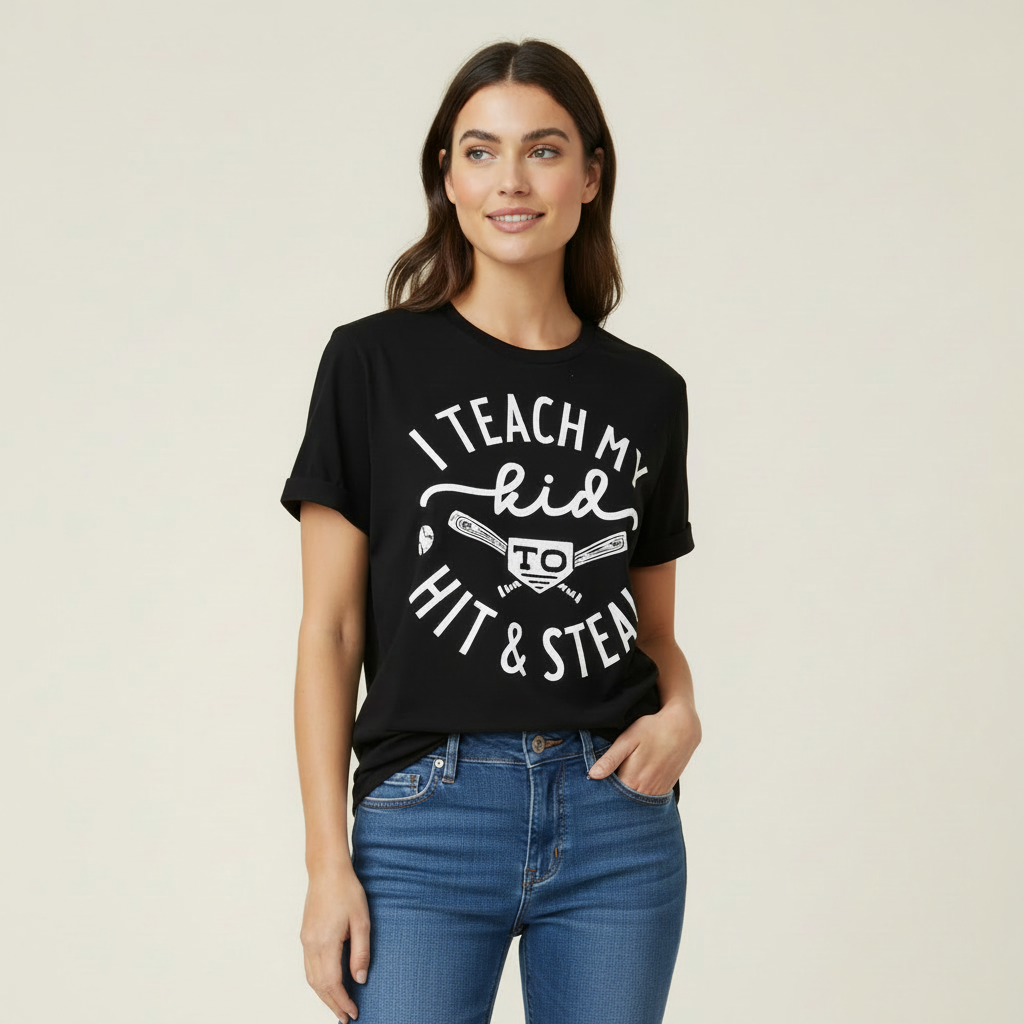 Black t-shirt with 'I Teach My Kid to Hit & Steal' text, paired with jeans, baseball glove, and accessories on a wooden surface.