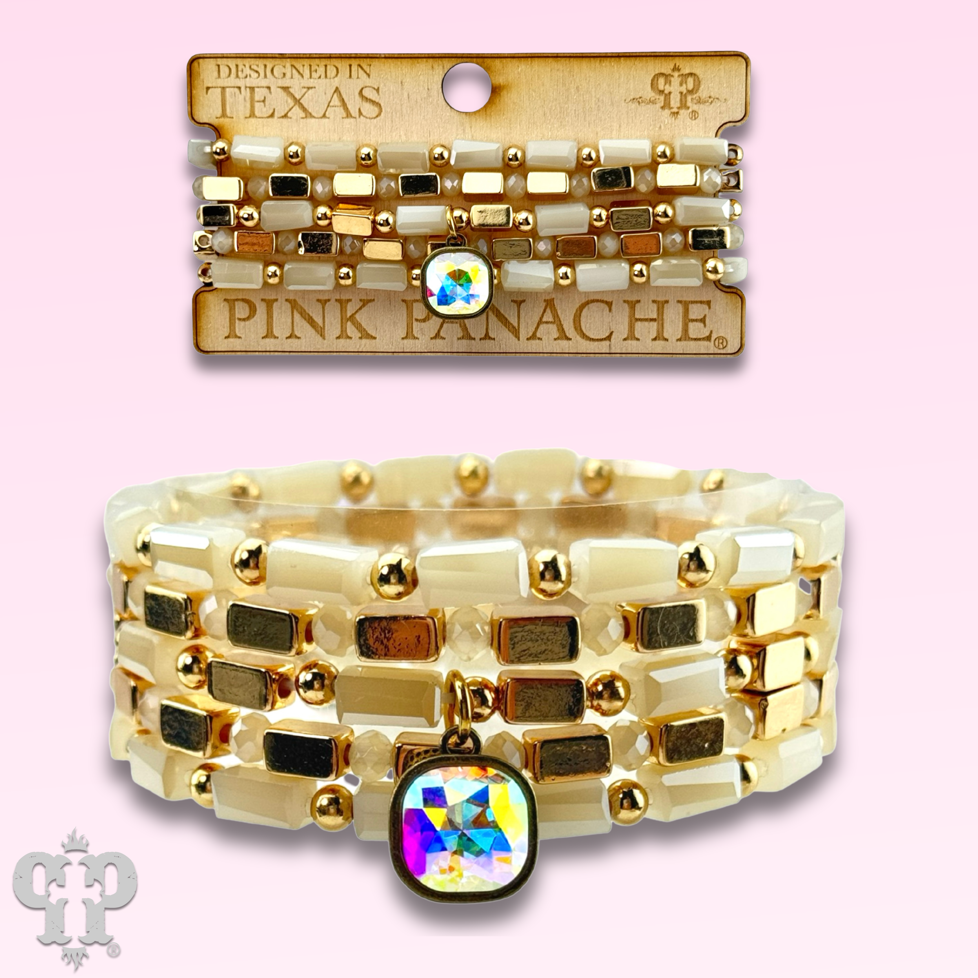 Five strand rectangle bead bracelet with Austrian crystal: White