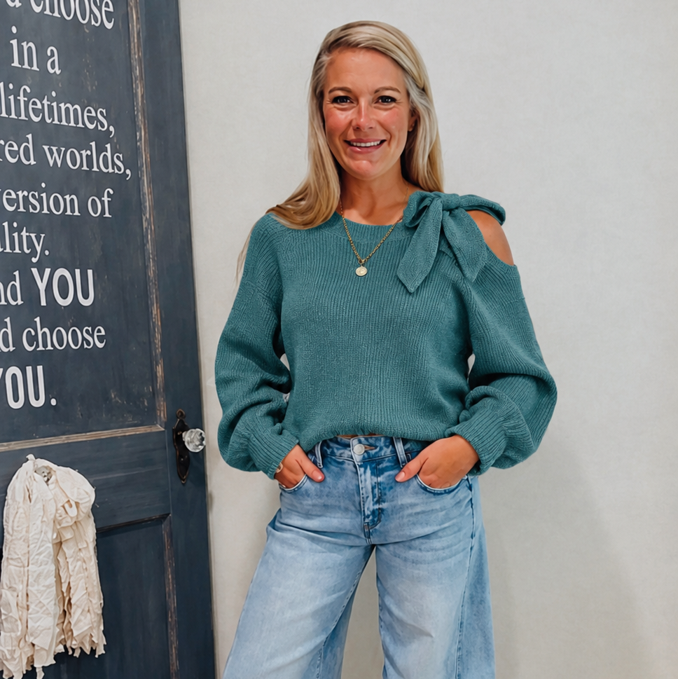 Kristi Bow Ribbed Sweater: Teal