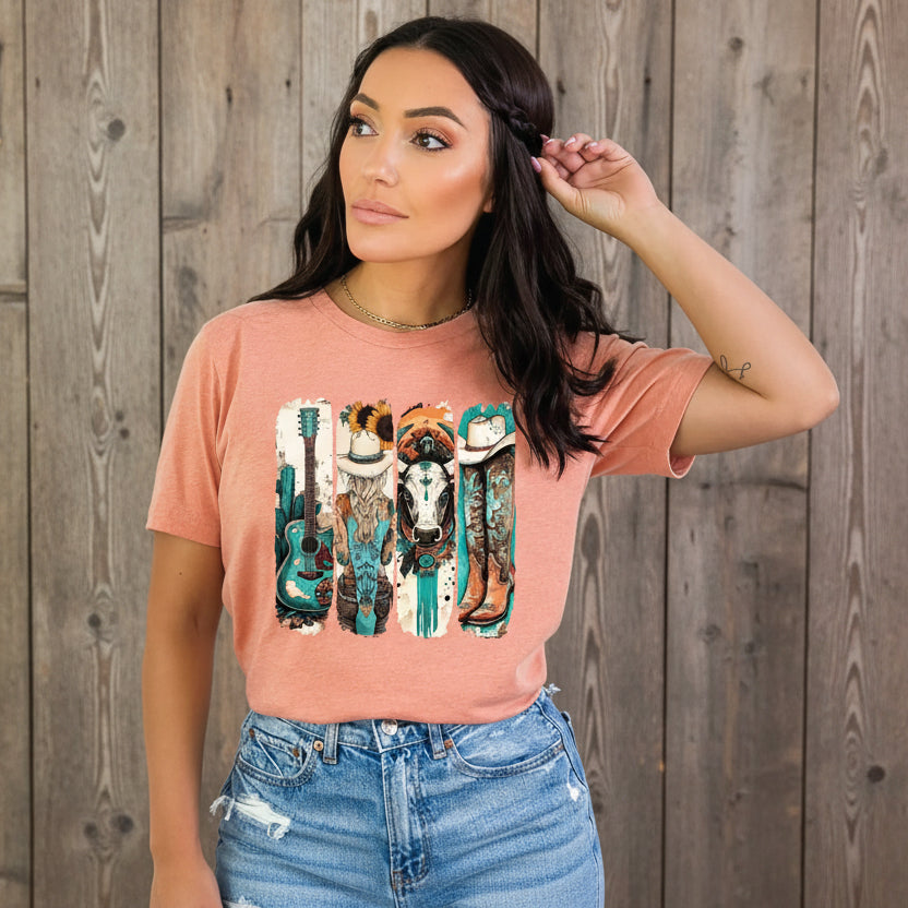 Woman wearing a pink t-shirt with a graphic design of a cow, guitar, and boots.