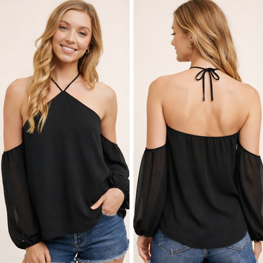 Woman wearing a black halter top with sheer sleeves and denim shorts, shown from front and back.