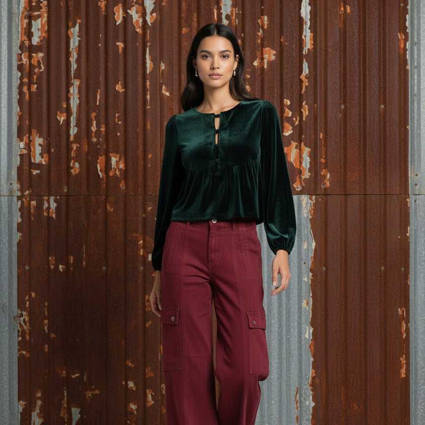 Red pants and black coat on a wooden floor with boxes and clothing in the background