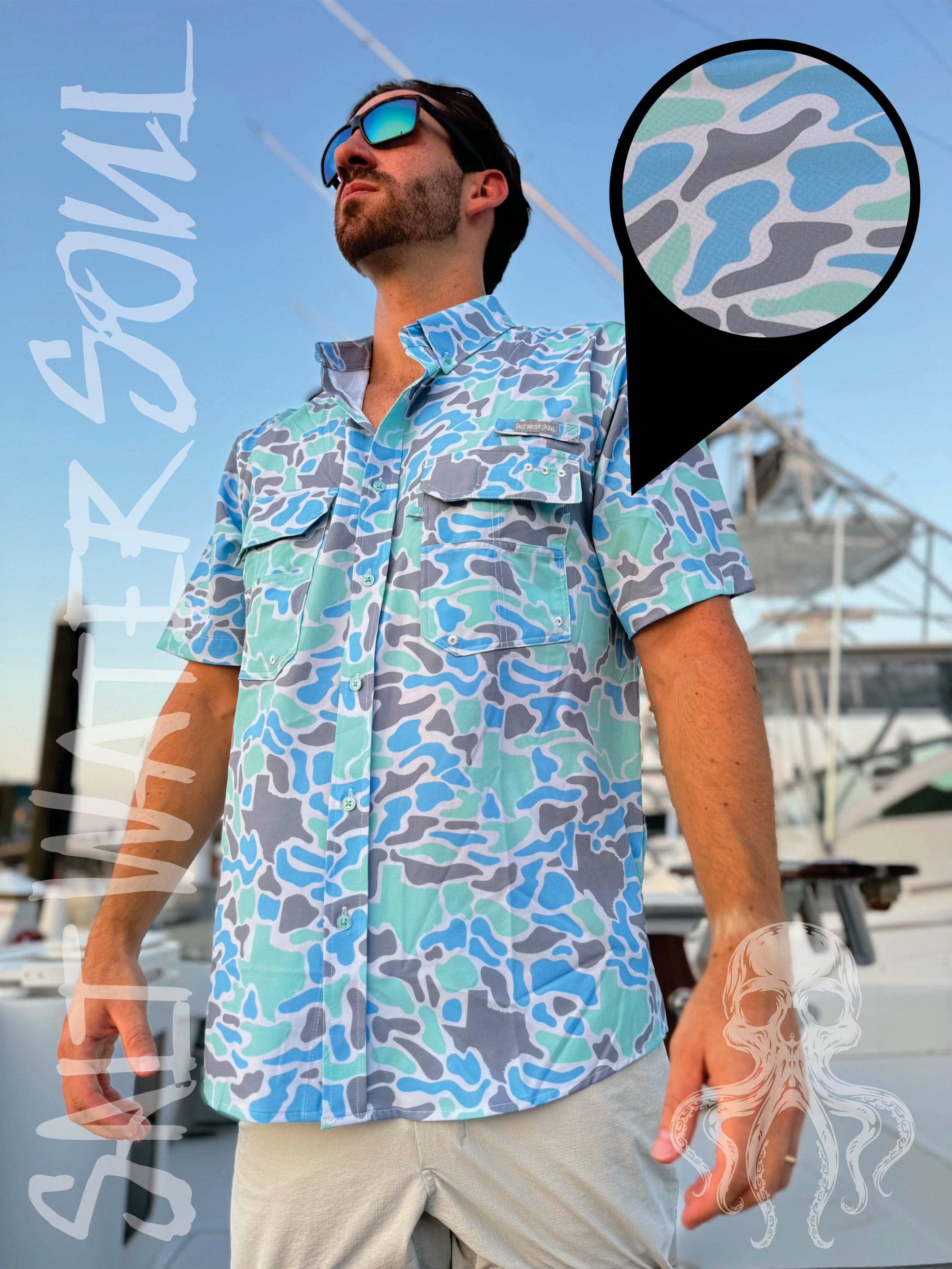 Man wearing a blue and gray camouflage shirt on a boat