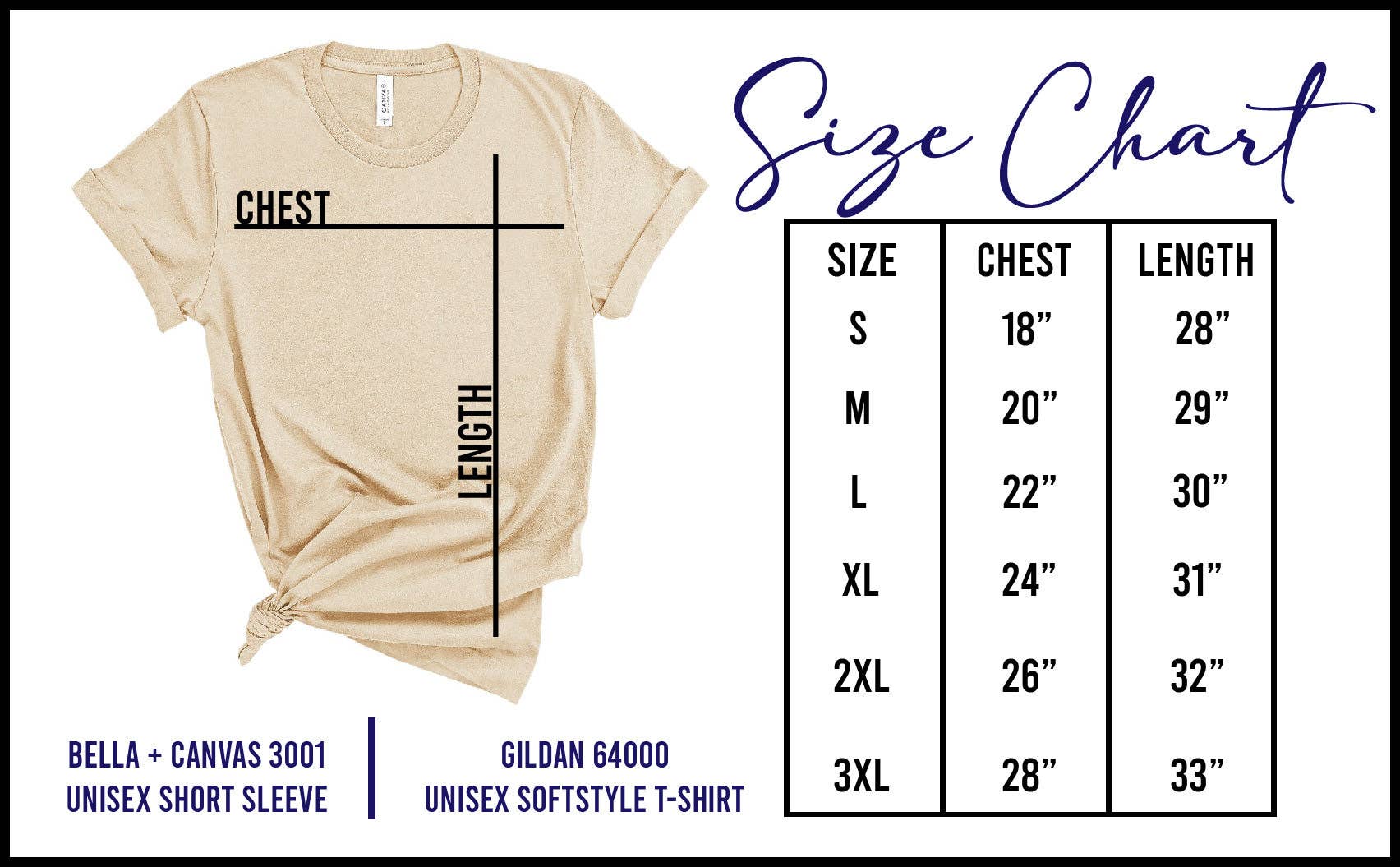 Beige t-shirt with size chart on a white background