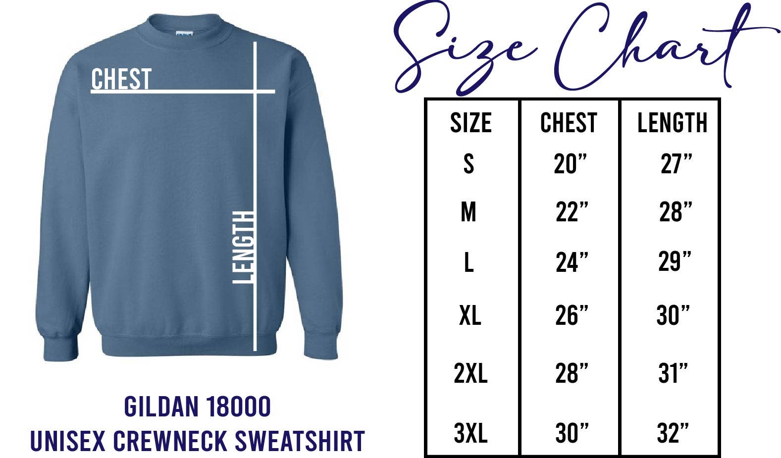 Blue sweatshirt with size chart on a white background