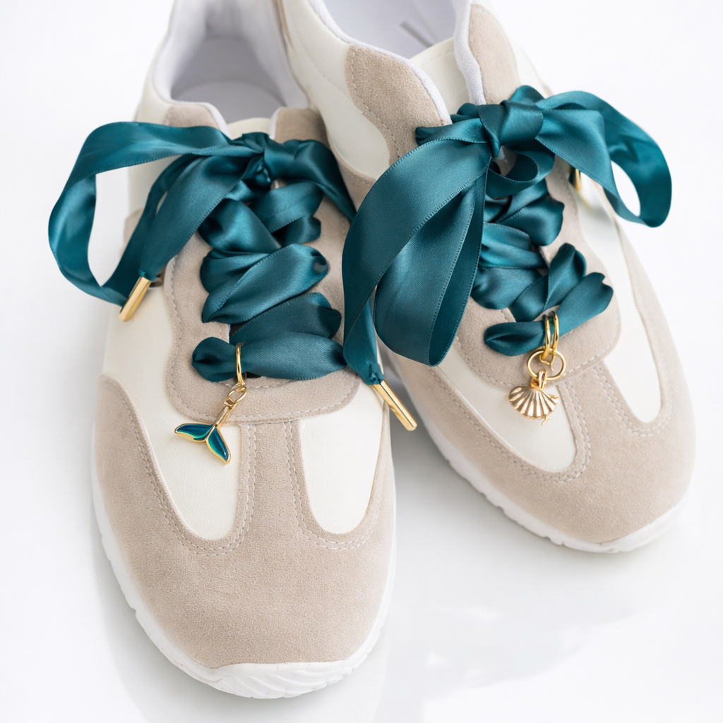 Beige sneakers with teal ribbons on a white background