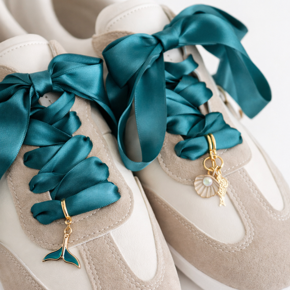 Beige sneakers with teal ribbons and mermaid tail charms on a white background