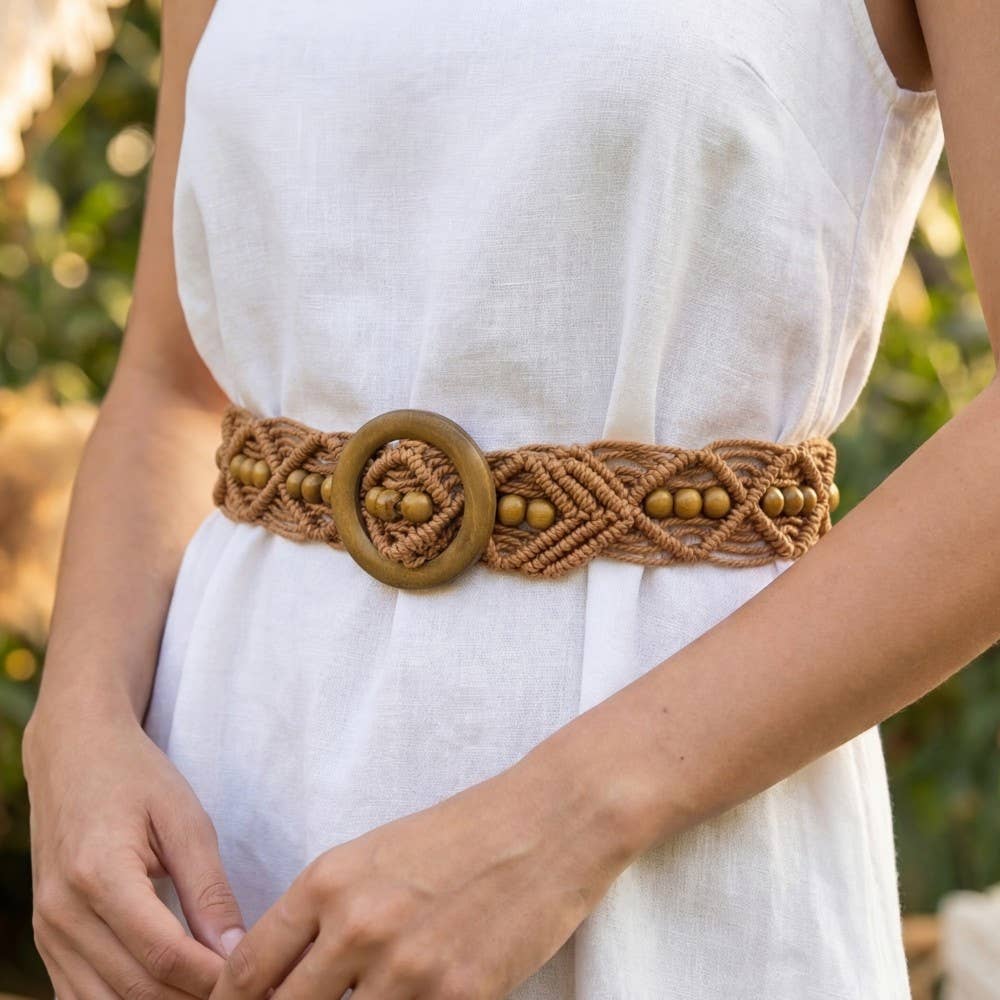 Wooden Buckle Beaded Braid Belt