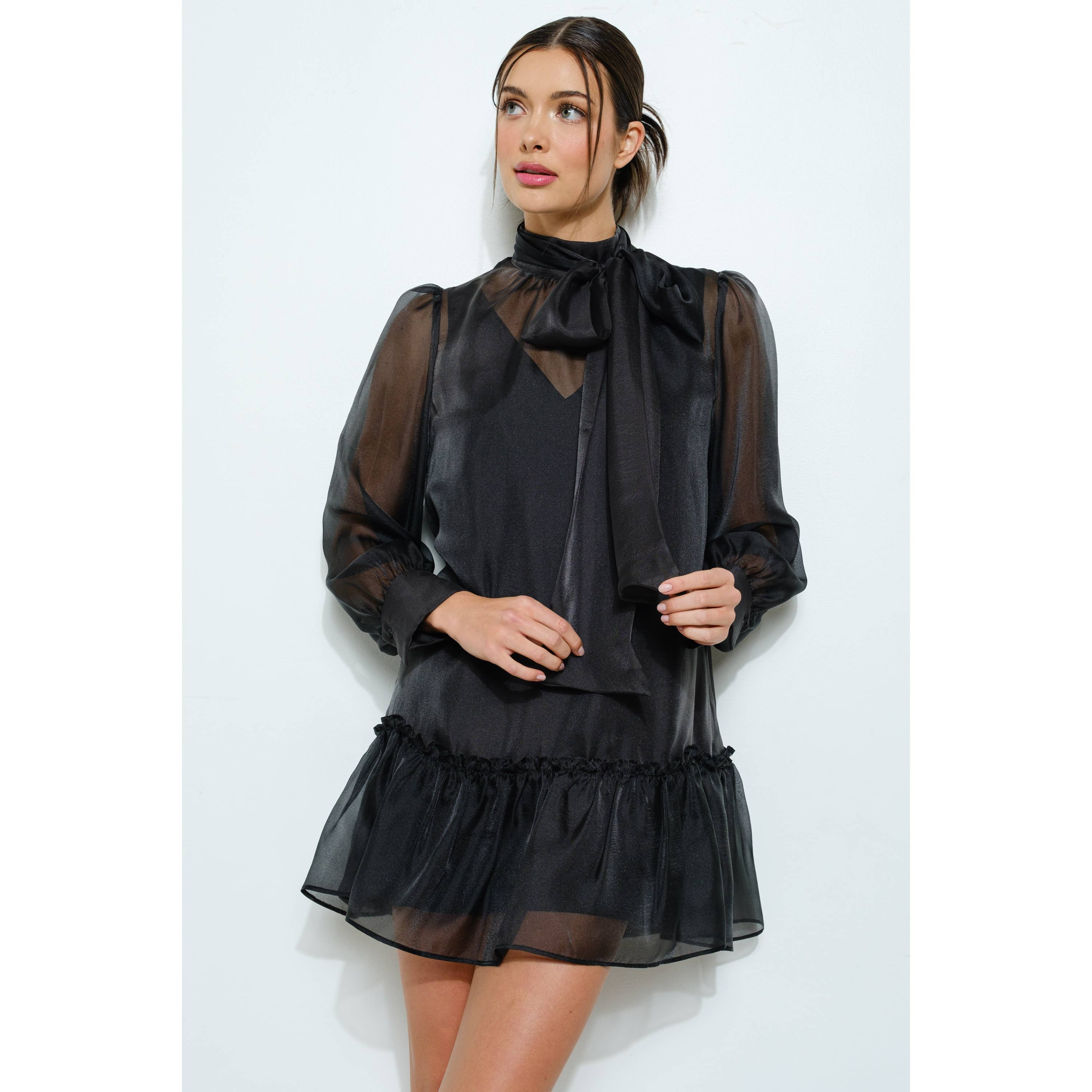Woman wearing a black dress with sheer sleeves on a white background