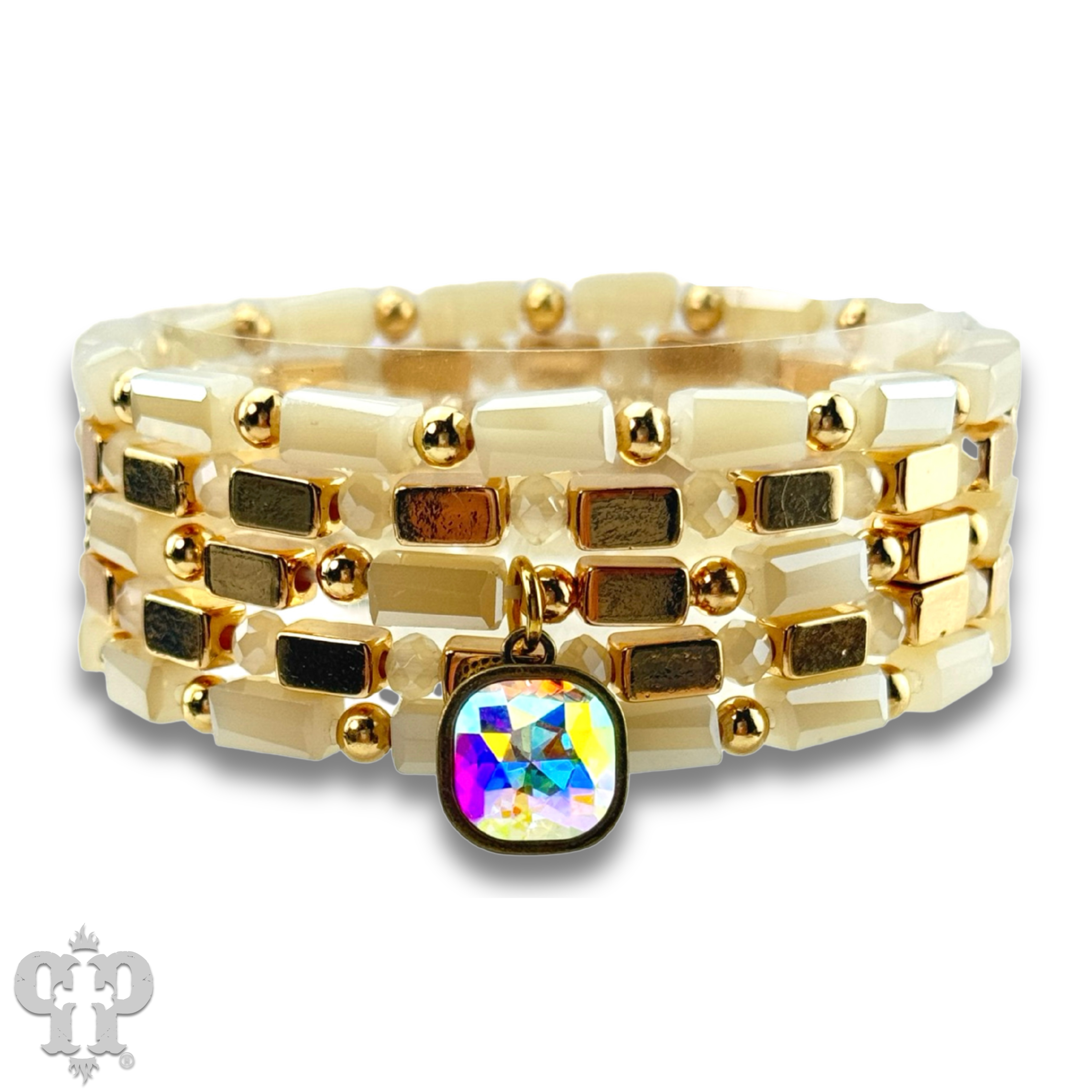 Five strand rectangle bead bracelet with Austrian crystal: White