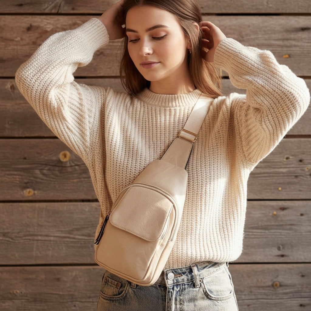 Person wearing a beige sweater and carrying a matching crossbody bag in a casual setting.