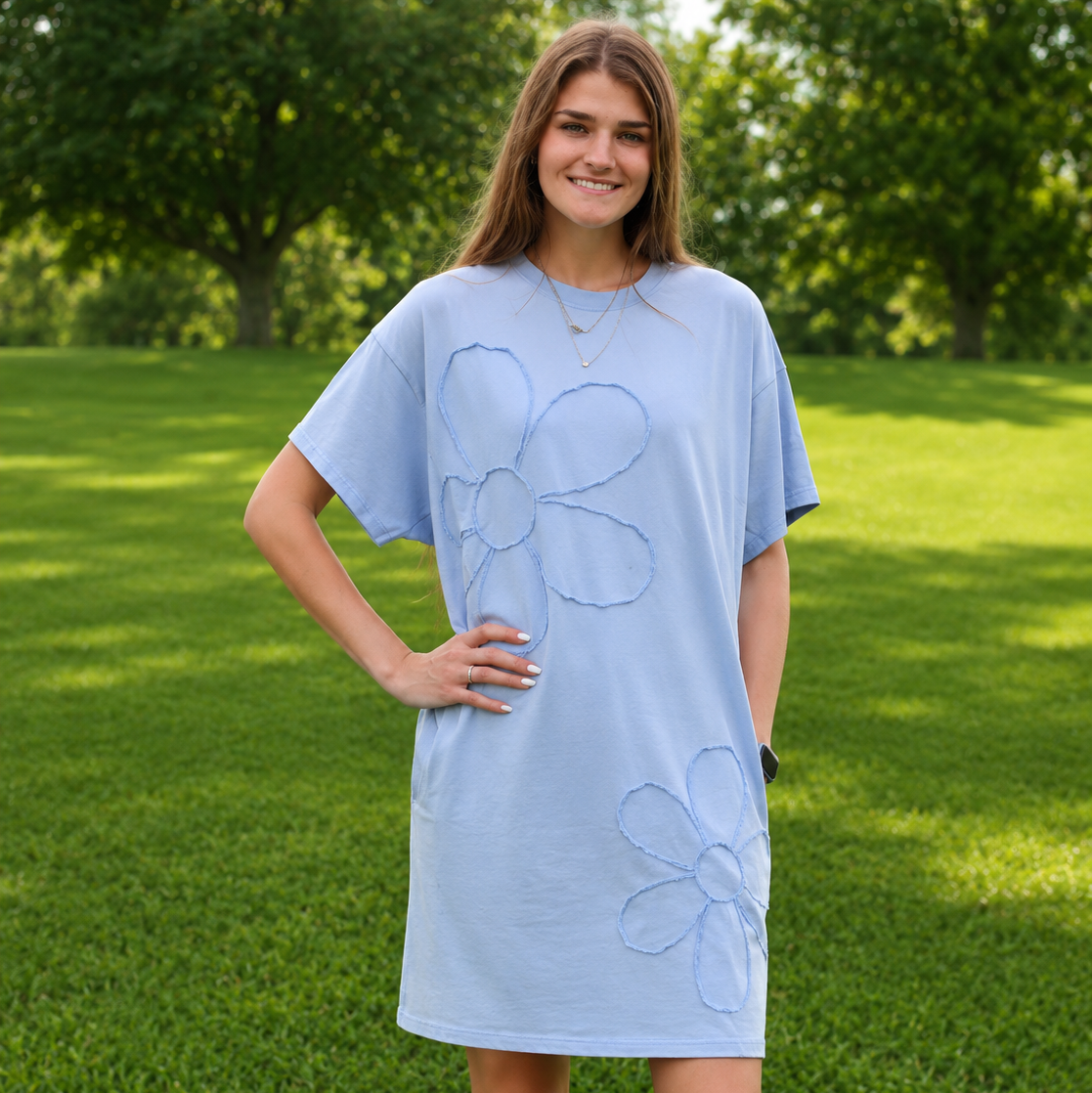 Flower Patchwork T-Shirt Dress: Sky Blue