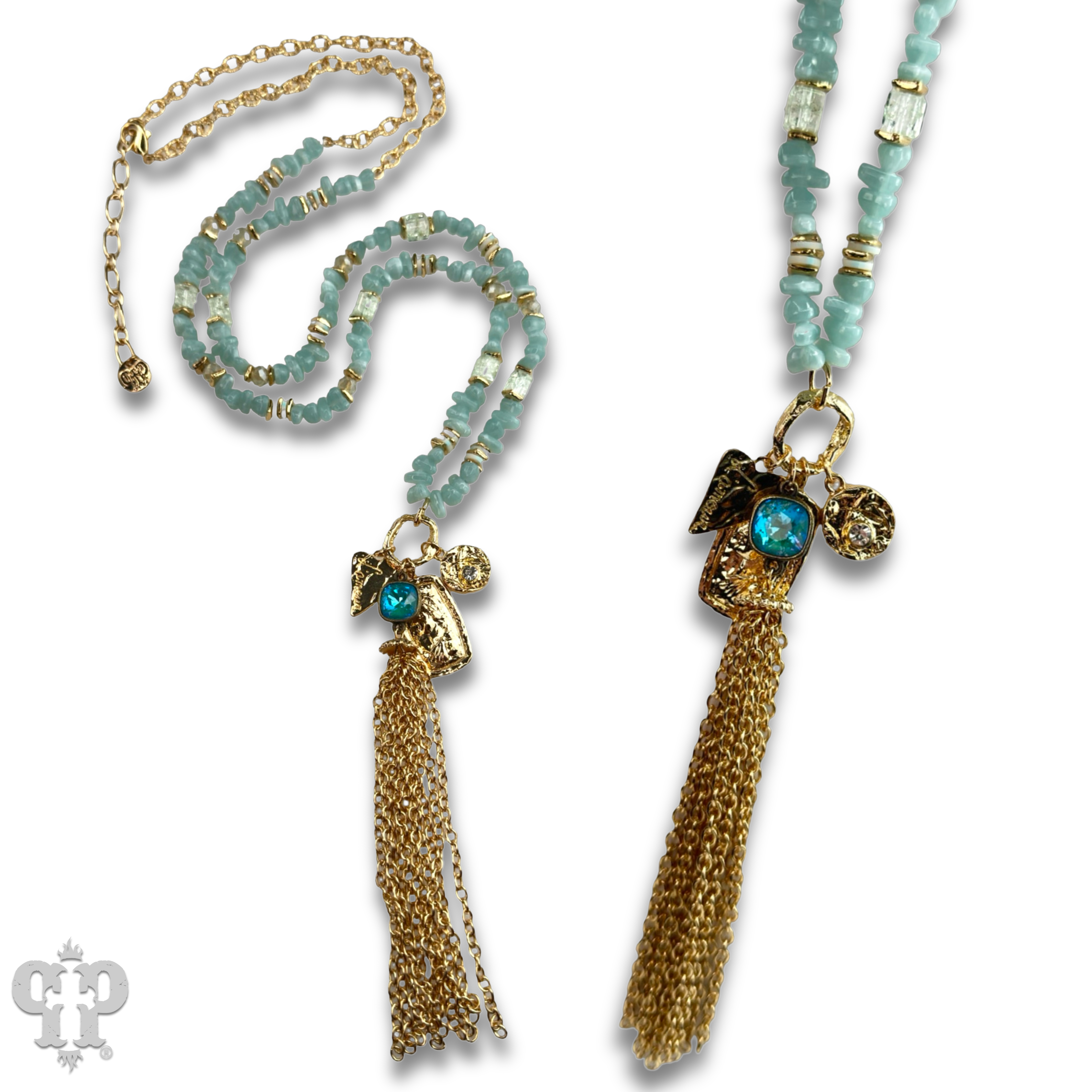 Bead chip and charm necklace with Austrian crystal: Blue