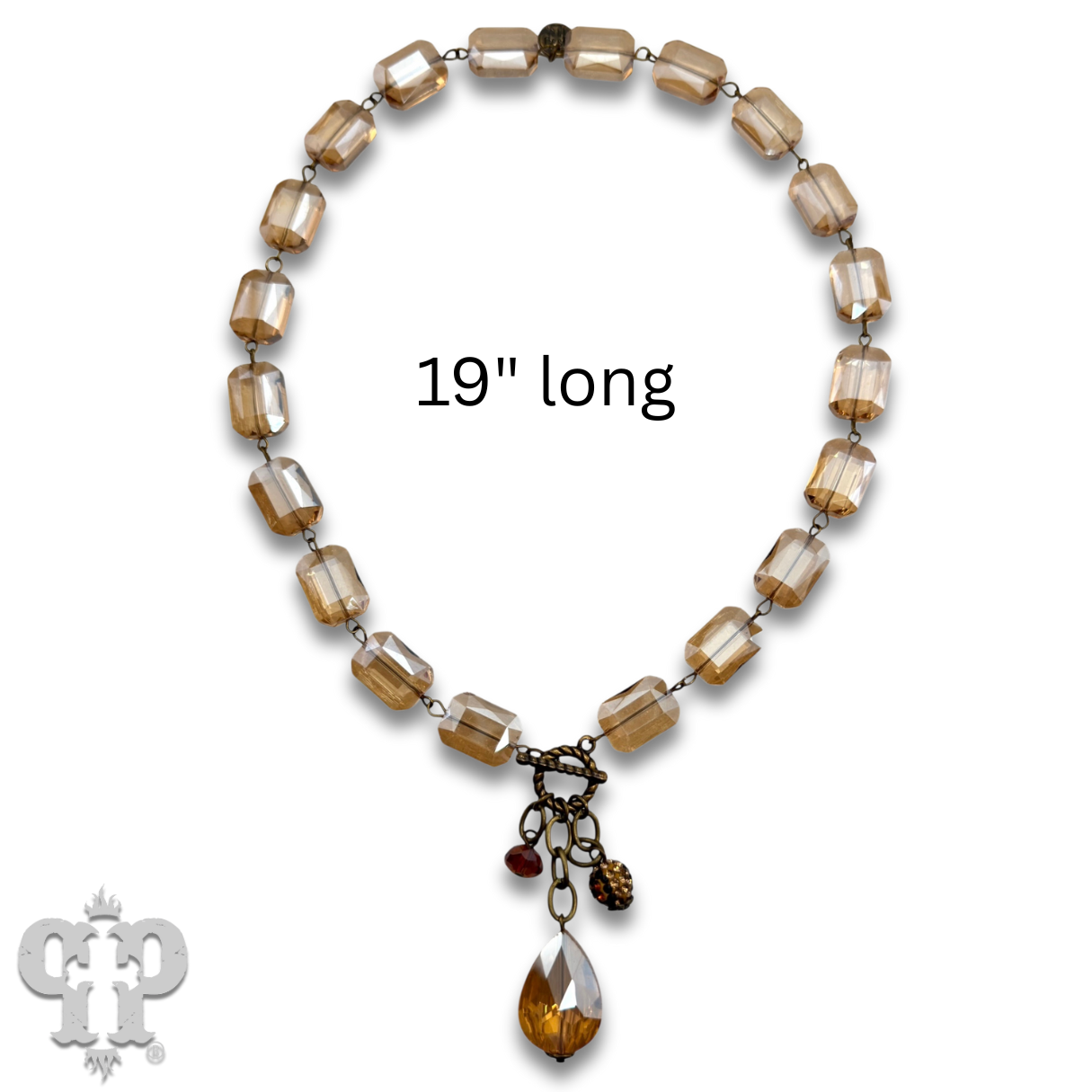 Linked rectangle glass bead necklace with bead charms: Gold