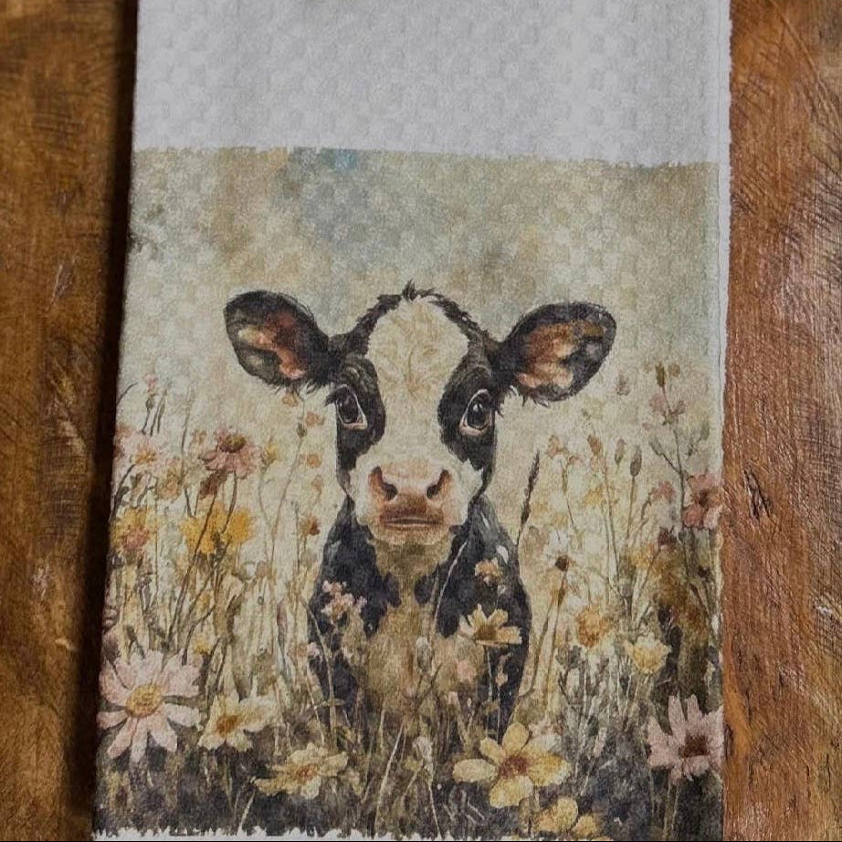 A rustic kitchen towel or table runner featuring a printed illustration of a black and white cow in a field of wildflowers, styled on a wooden surface with succulent plants.