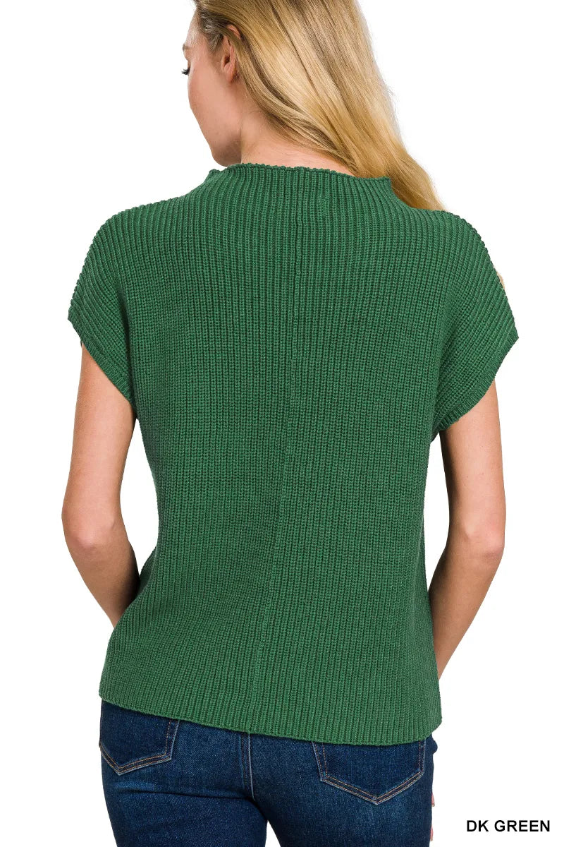 Green ribbed knit short-sleeve top worn by a person on a white background