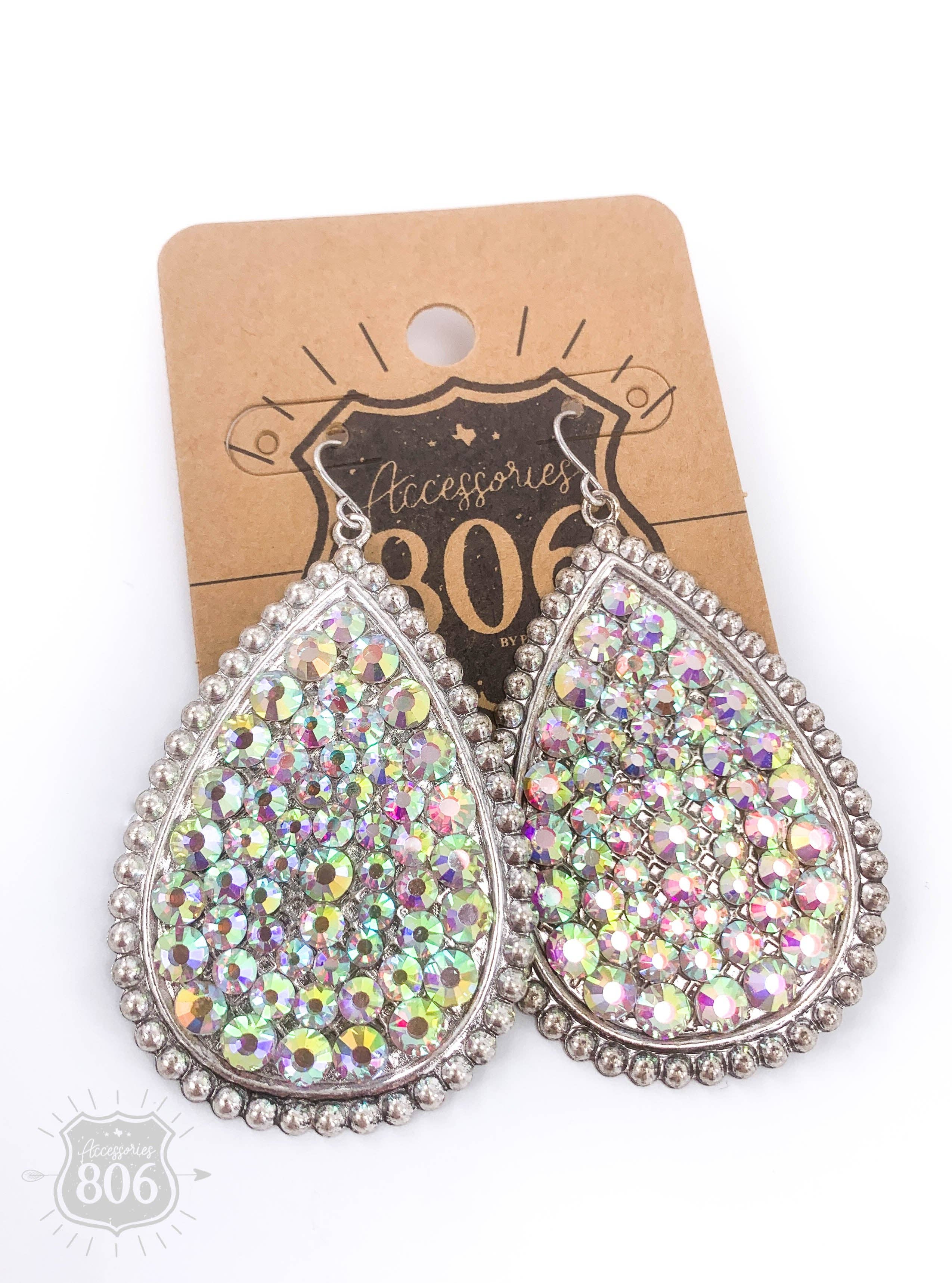 Rhinestone filled teardrop earring: Iridescent