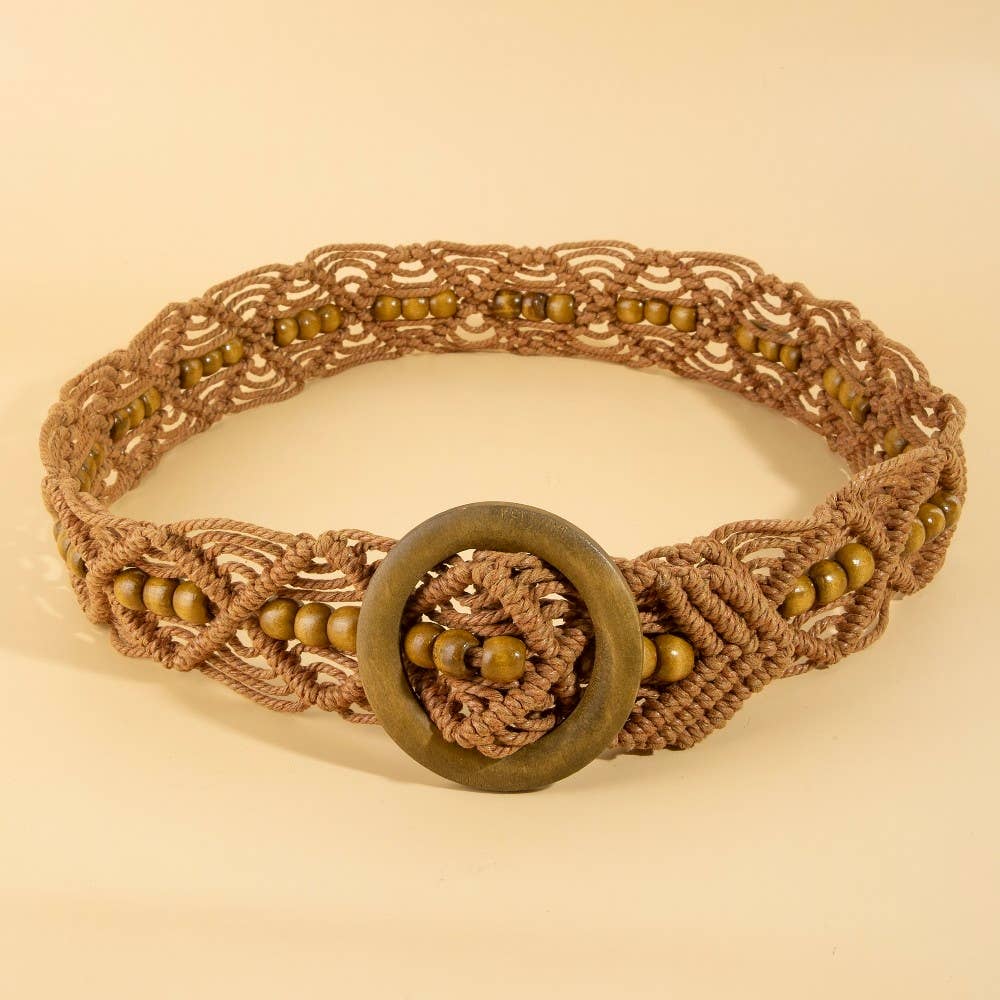 Wooden Buckle Beaded Braid Belt