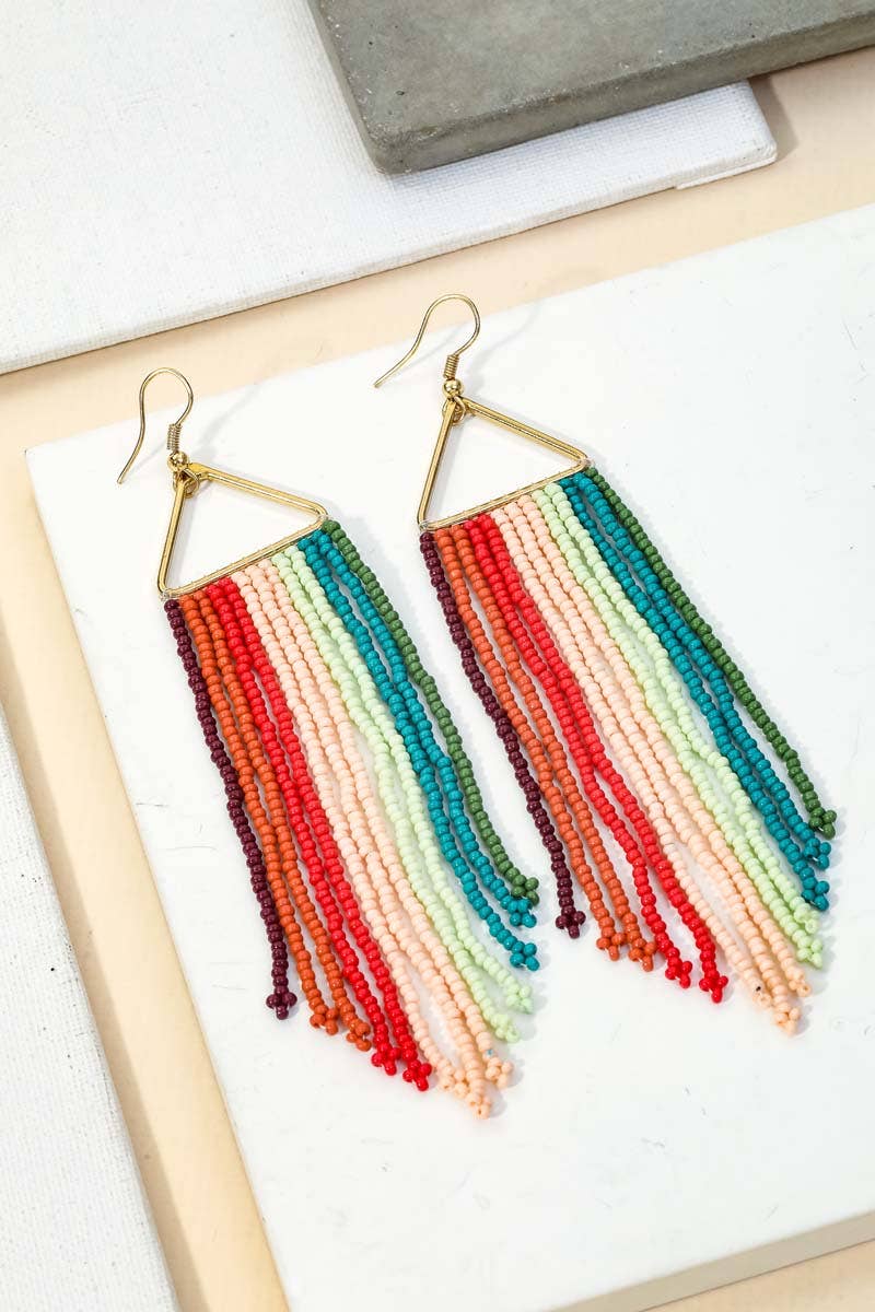 Triangle Multi Color Beaded Fringe Earrings